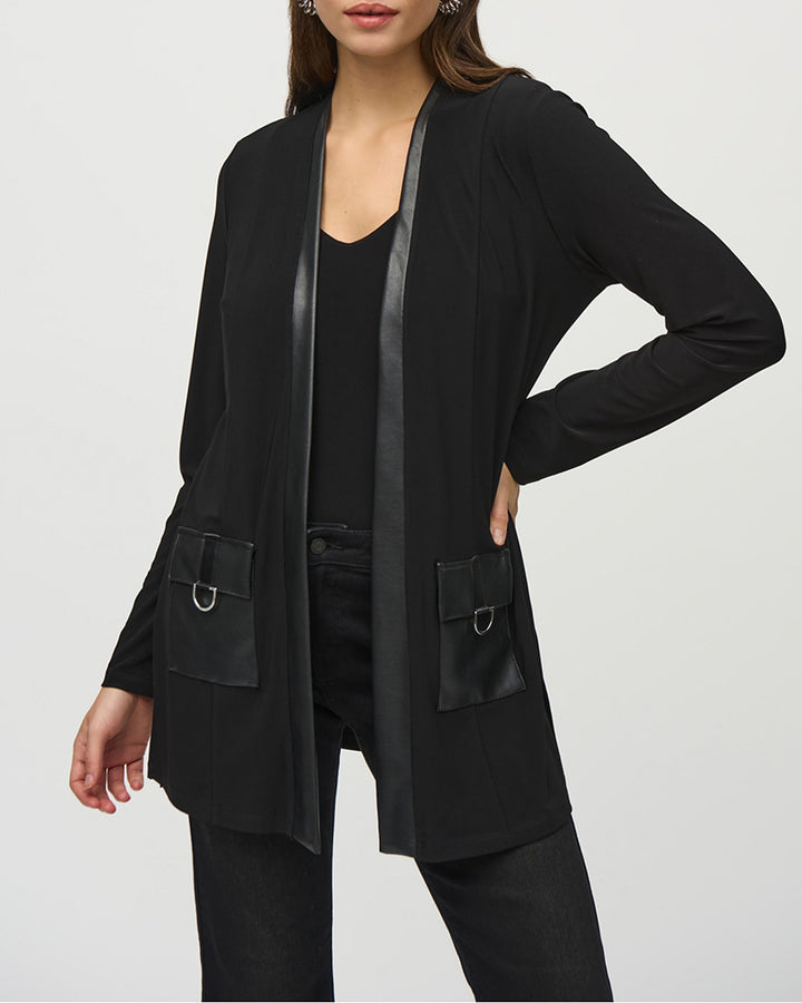 Women’s open jersey cardigan with faux leather trim and D-ring pockets Mune Fashion