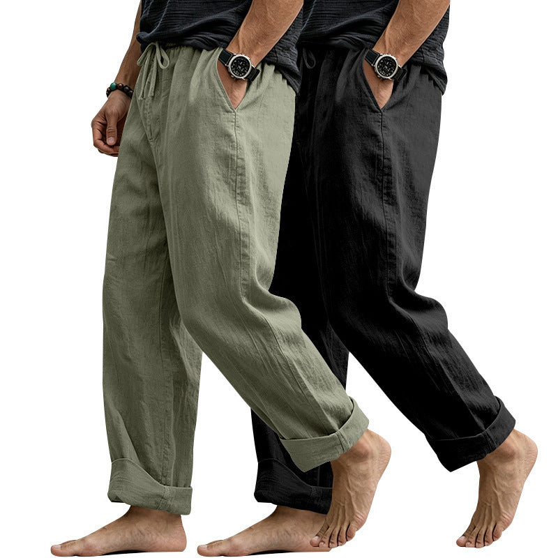 Men's Wide Comfort Casual Pants Made of Linen Blend with Drawstring, Side Pockets and Cuffed Mune Fashion