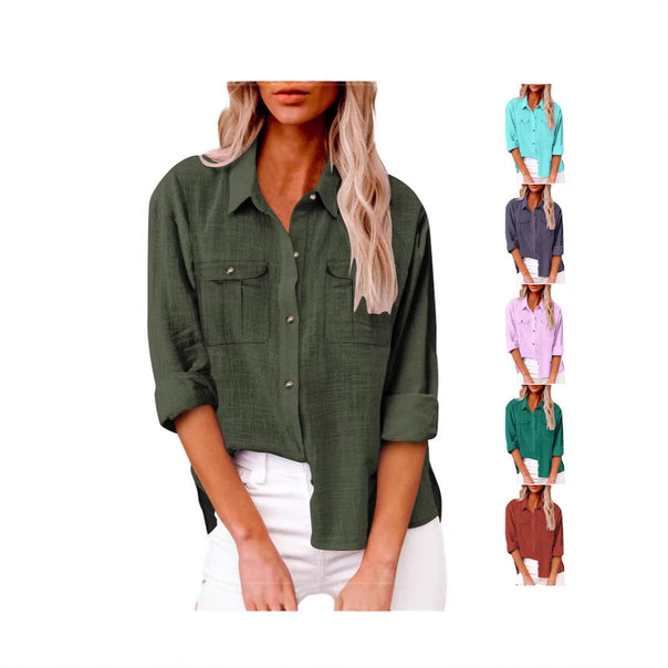 Women's Lightweight Oversized Blouse Shirt made of Cotton Blend with Chest Pockets Drune