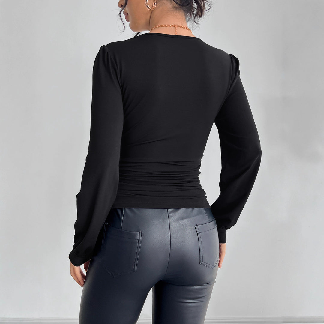Women's tailored long sleeve shirt with deep lace décolletage, gathering, and crystal embellishment Mune Fashion