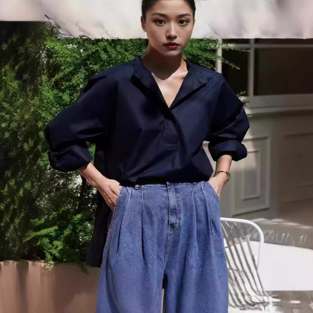 Women's boxy shirt with short stand-up collar, dropped shoulder, and extended back Mune Fashion