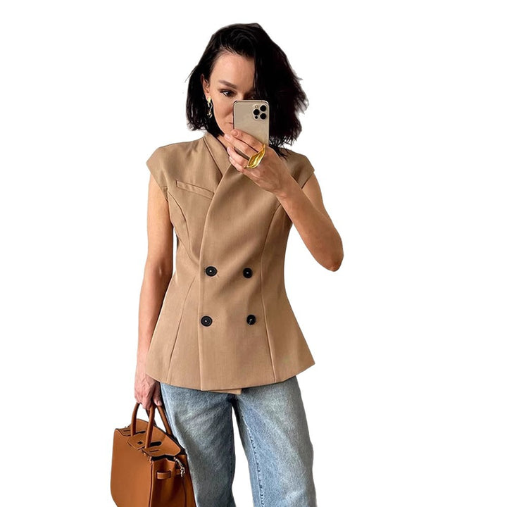 Women's sleeveless tailored blazer vest with double button placket & structured shoulder part Mune Fashion