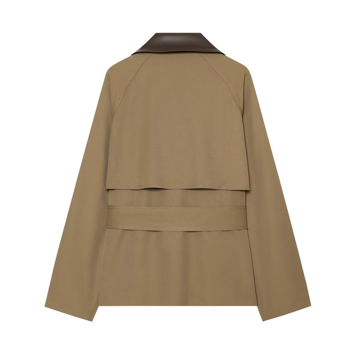 Women Short Trench Coat with Waist Belt and Contrast Collar Mune Fashion