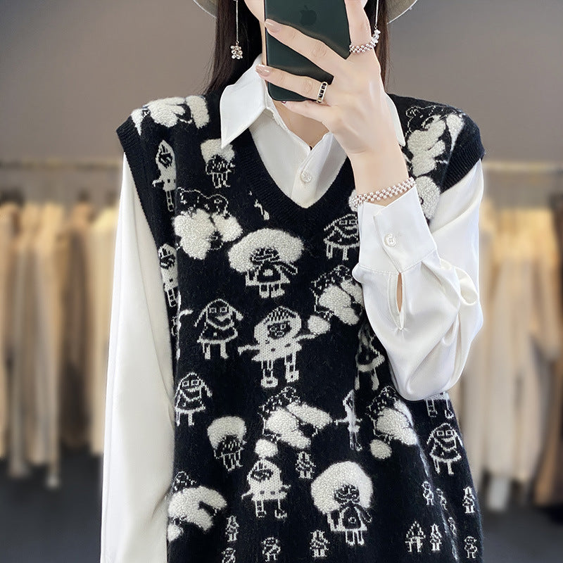 Women's Oversized Knitted Vest with V-Neck and Playful Jacquard Design Mune Fashion