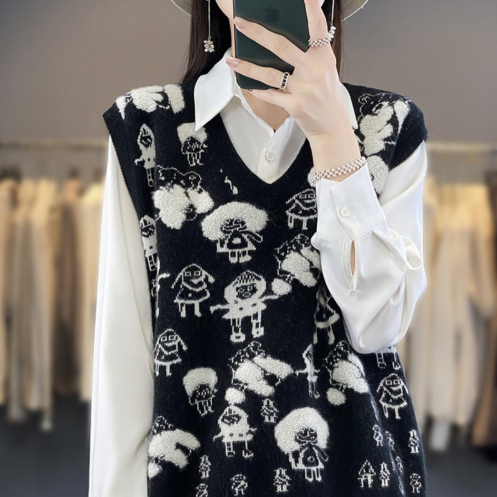 Women's Oversized Knitted Vest with V-Neck and Playful Jacquard Design Mune Fashion