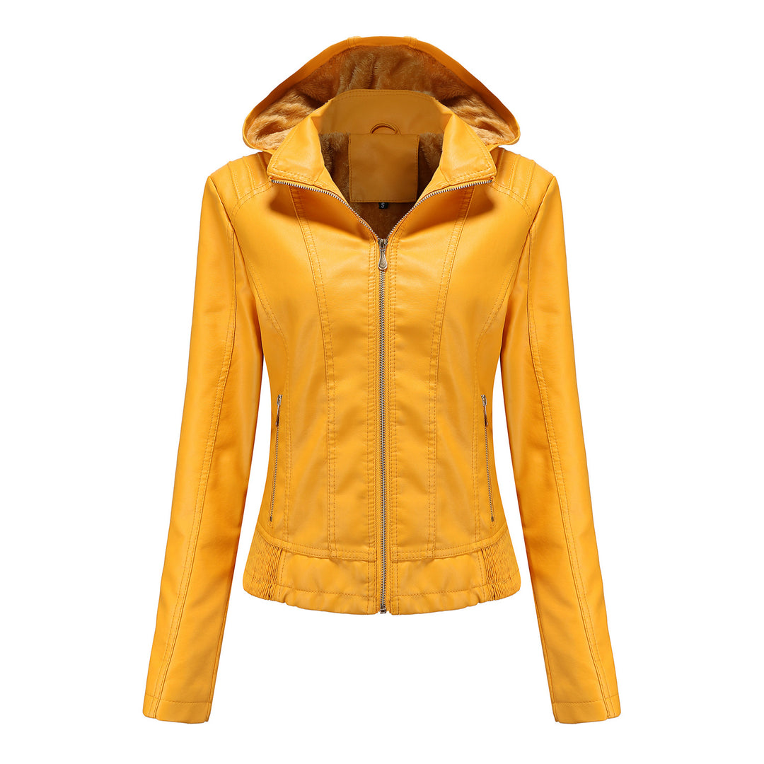 Women's tailored faux leather jacket with hood, padded inner lining and concealed zip pockets Mune Fashion