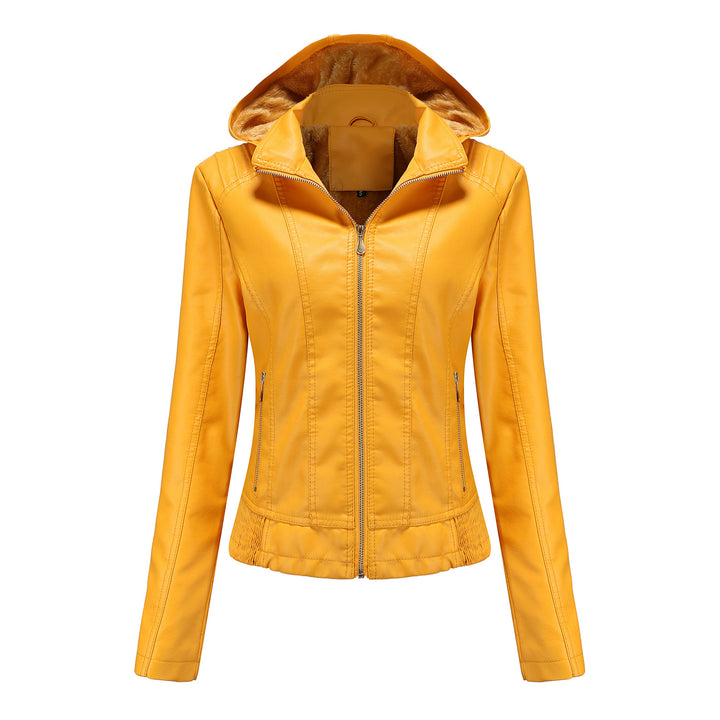 Women's tailored faux leather jacket with hood, padded inner lining and concealed zip pockets Mune Fashion