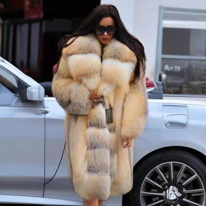 Women's Elegant and Luxurious Faux Fur Coat with Hood and Wide Collar Mune