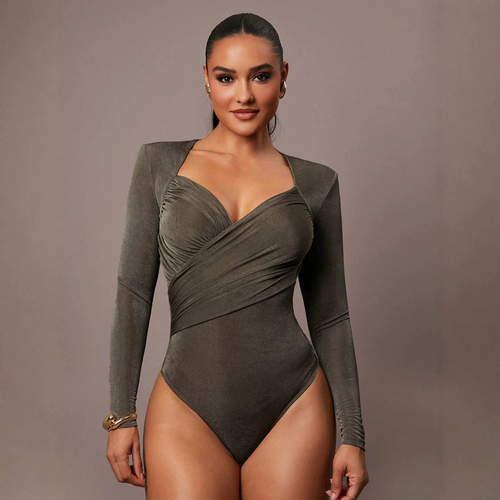 Women's Sculpting Body with Wrap Front, Heart Neckline and Long Sleeves Mune Fashion