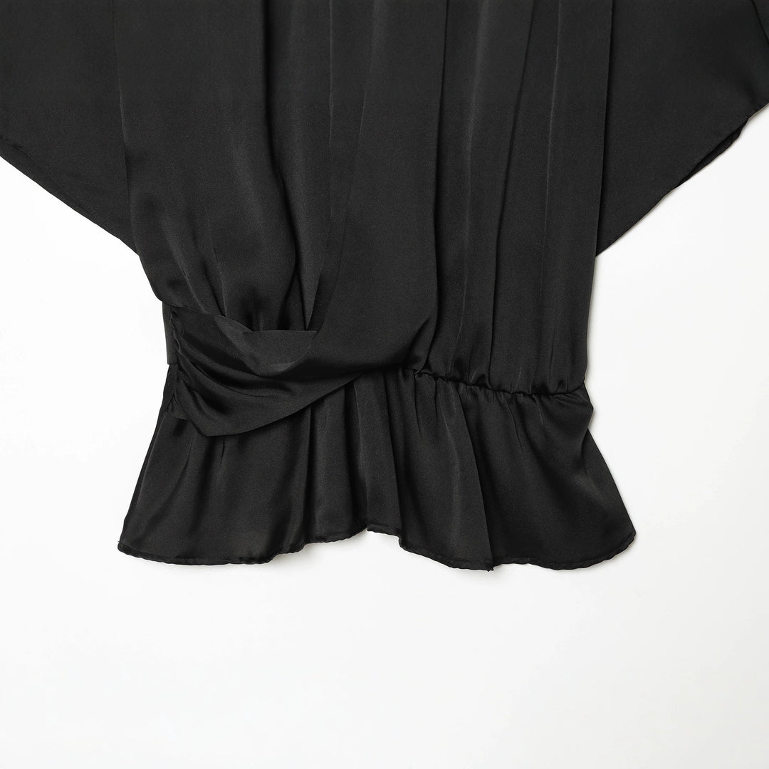 Women's Elegant Blouse with Stand Collar, Gathered Waist and Ruffle Hem Mune Fashion
