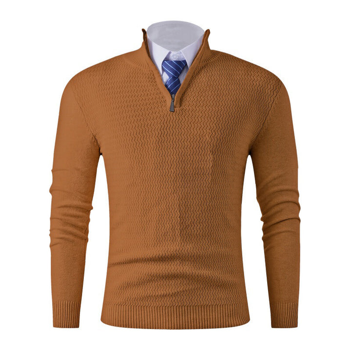 Men's fine knit pullover with stand-up collar and half zipper, textured knit and slim business casual fit Mune Fashion