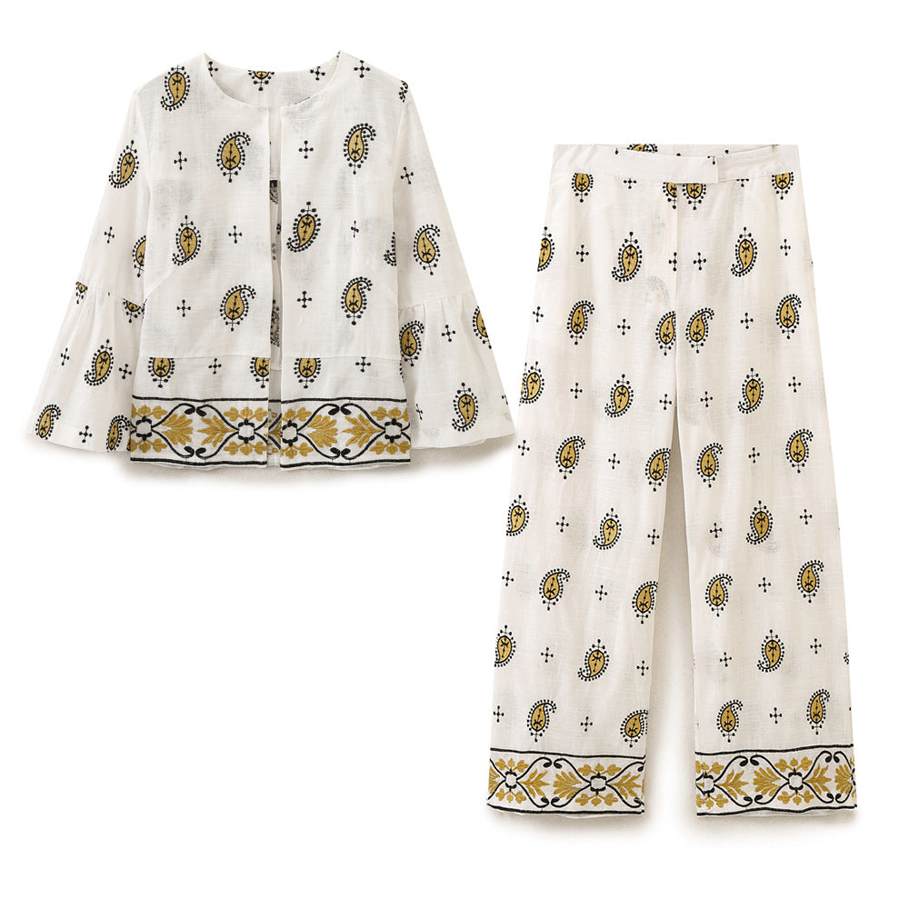 Women's Wide Linen Pants with Paisley Print and Embroidered Hem Mune Fashion
