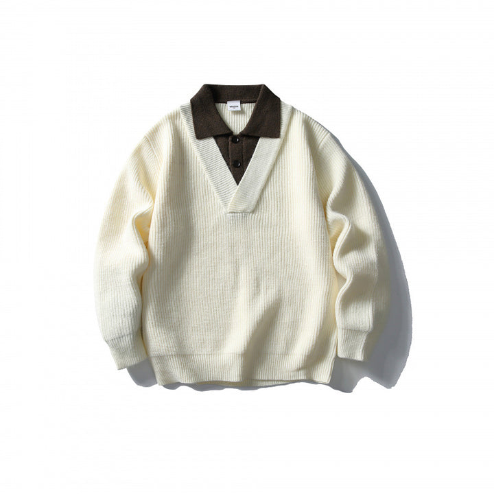 Men's pullover with polo half-button placket, oversized ribbed knit and V-neck detail Mune Fashion
