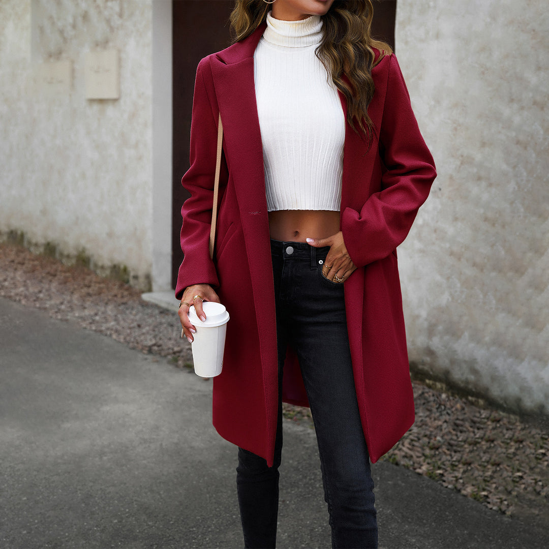 Women's longer tailored wool blend coat with lapel collar, concealed button placket and side pockets Mune Fashion