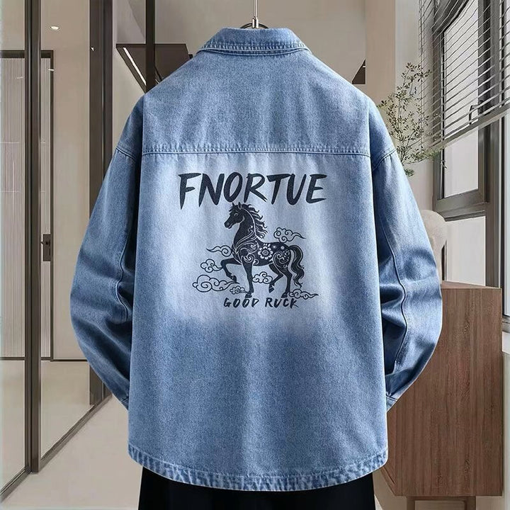Men's loosely cut denim shirt jacket with artistic back print and overshirt cut Mune Fashion
