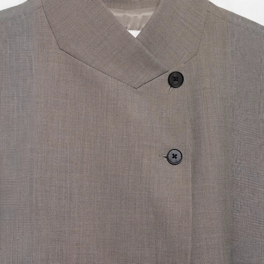 Women's Short Blazer with Asymmetrical Button Placket and Stand-up Collar Mune Fashion