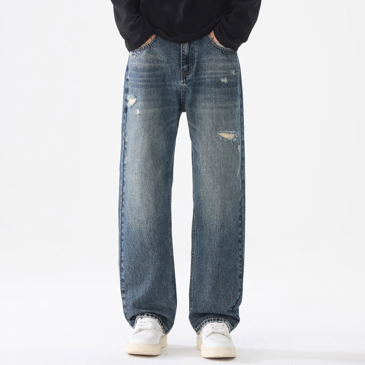 Men's loosely cut baggy jeans made of robust denim with distressed details Mune Fashion