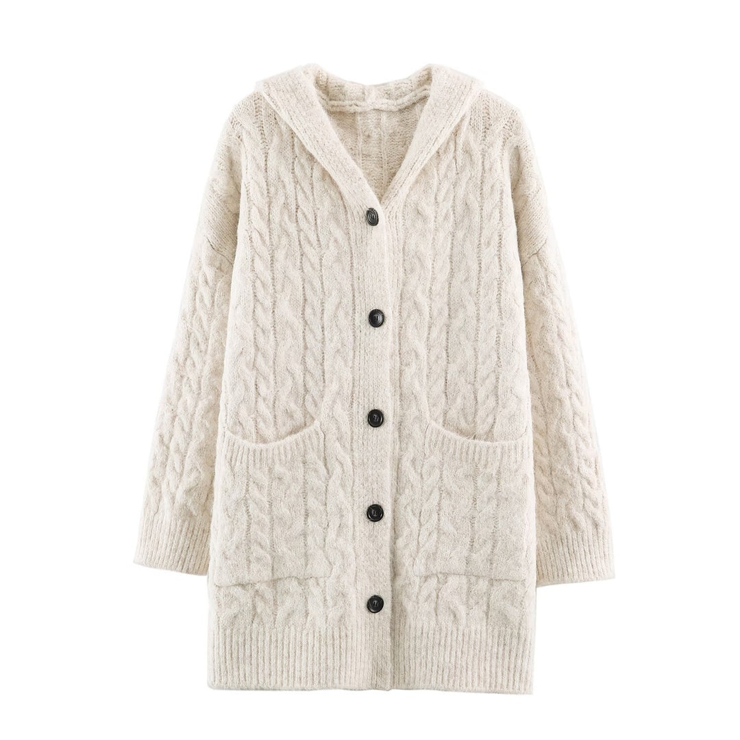 Women's Long Knitted Hooded Cardigan with Cable Pattern and Button Placket Mune Fashion