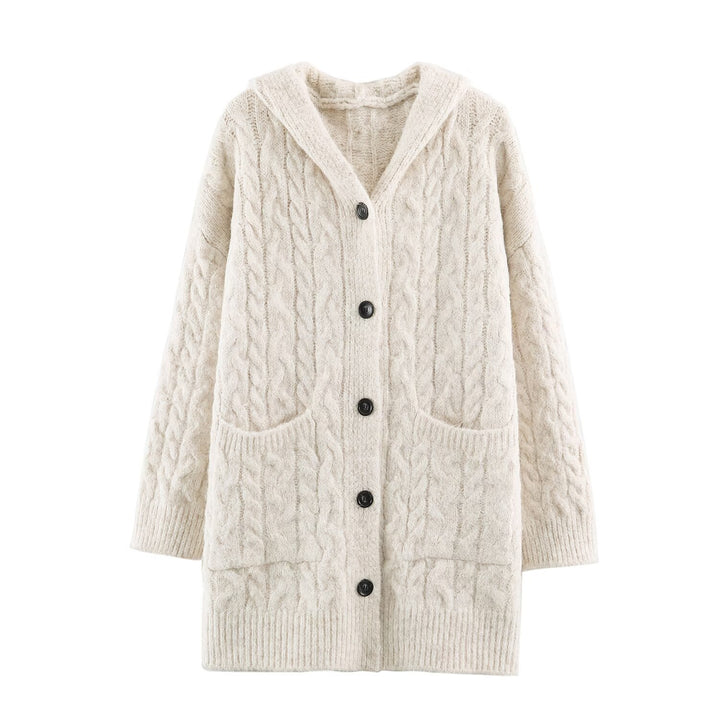 Women's Long Knitted Hooded Cardigan with Cable Pattern and Button Placket Mune Fashion
