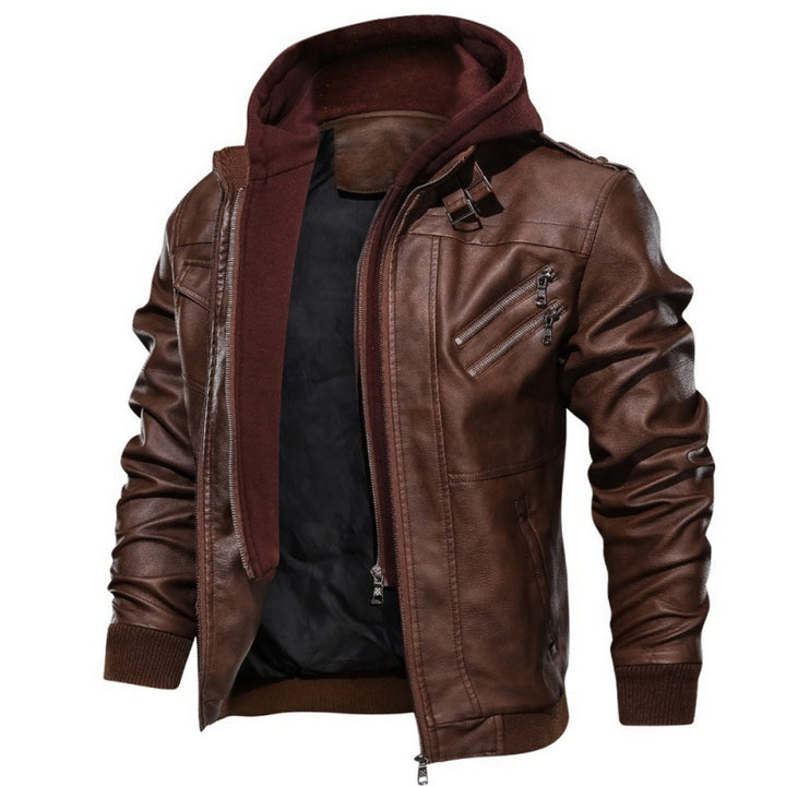 Men's Faux Leather Biker Jacket with Integrated Hood Layer, Multiple Pockets and Ribbed Cuffs Mune Fashion