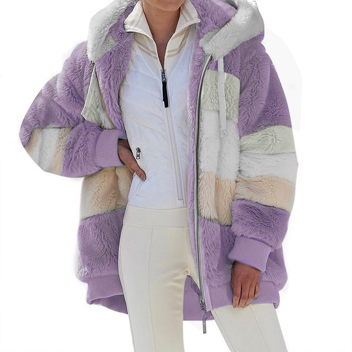 Women's oversized faux fur patchwork hooded jacket with ribbed cuffs and two-way zip Mune Fashion
