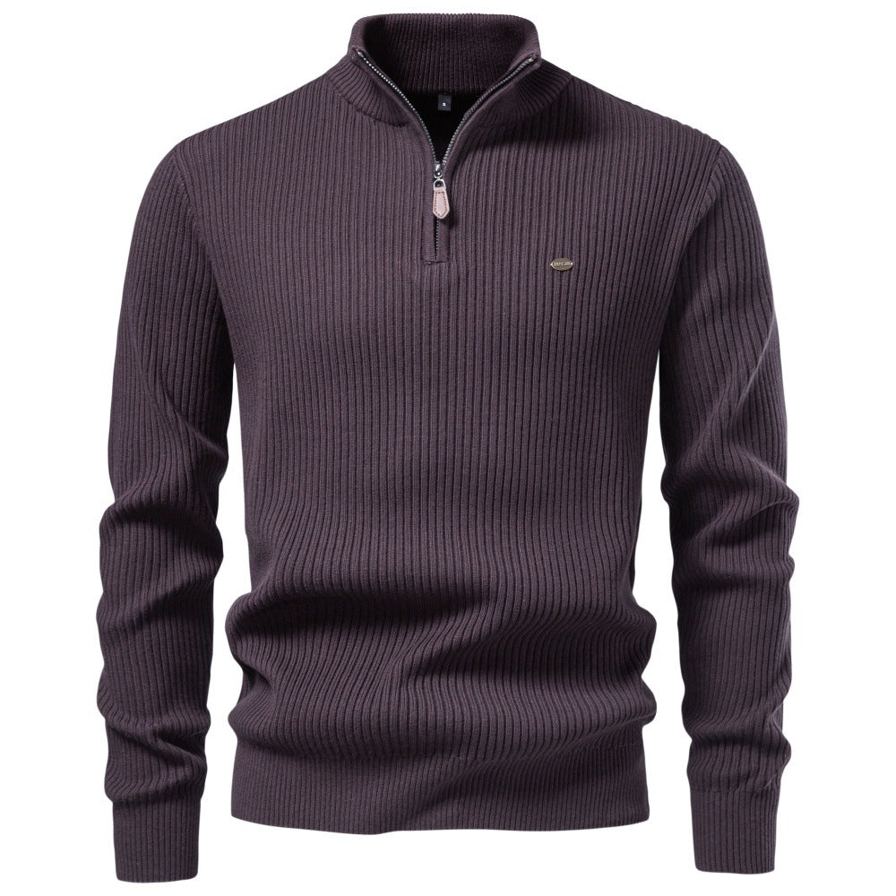 Men's Ribbed Sweater with Short Zipper and Stand-Up Collar Mune Fashion