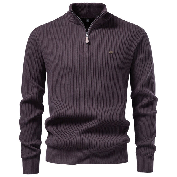 Men's Ribbed Sweater with Short Zipper and Stand-Up Collar Mune Fashion
