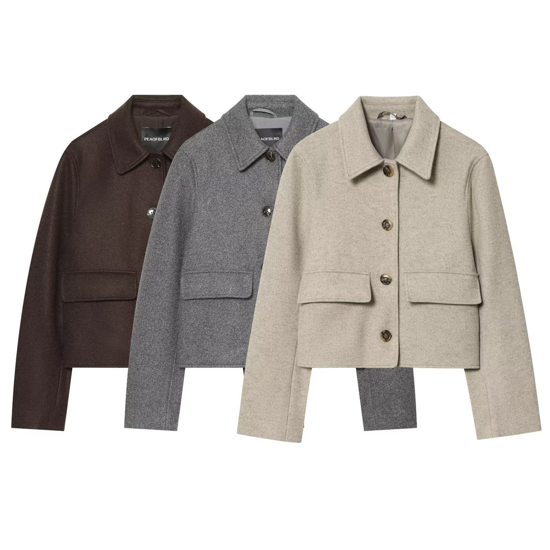 Women's Short Boxy Wool Blouson with Shirt Collar and Flap Pockets Drune
