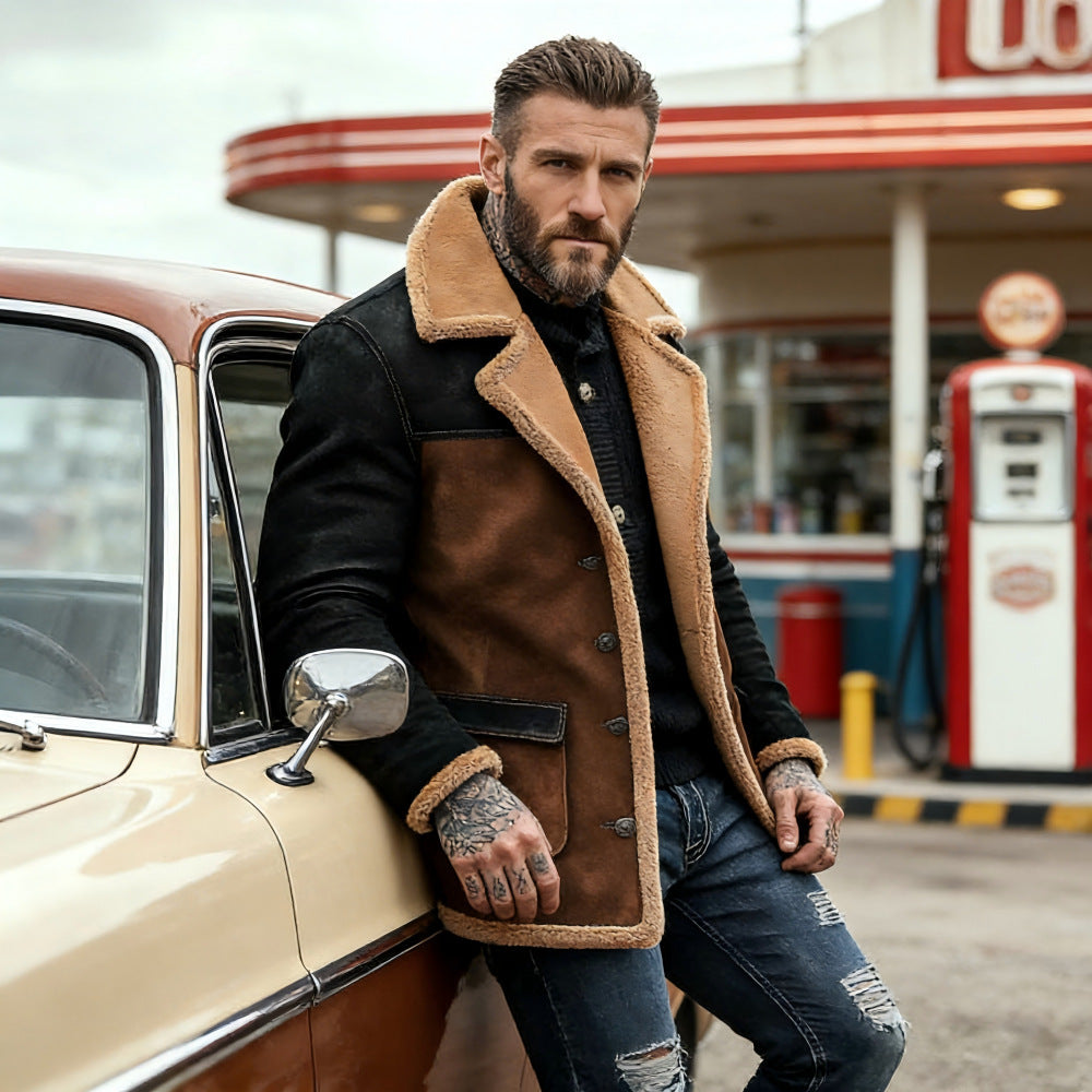Men's Long Faux Shearling Coat with Shawl Collar, Contrast Sleeves, and Flap Pockets Mune Fashion