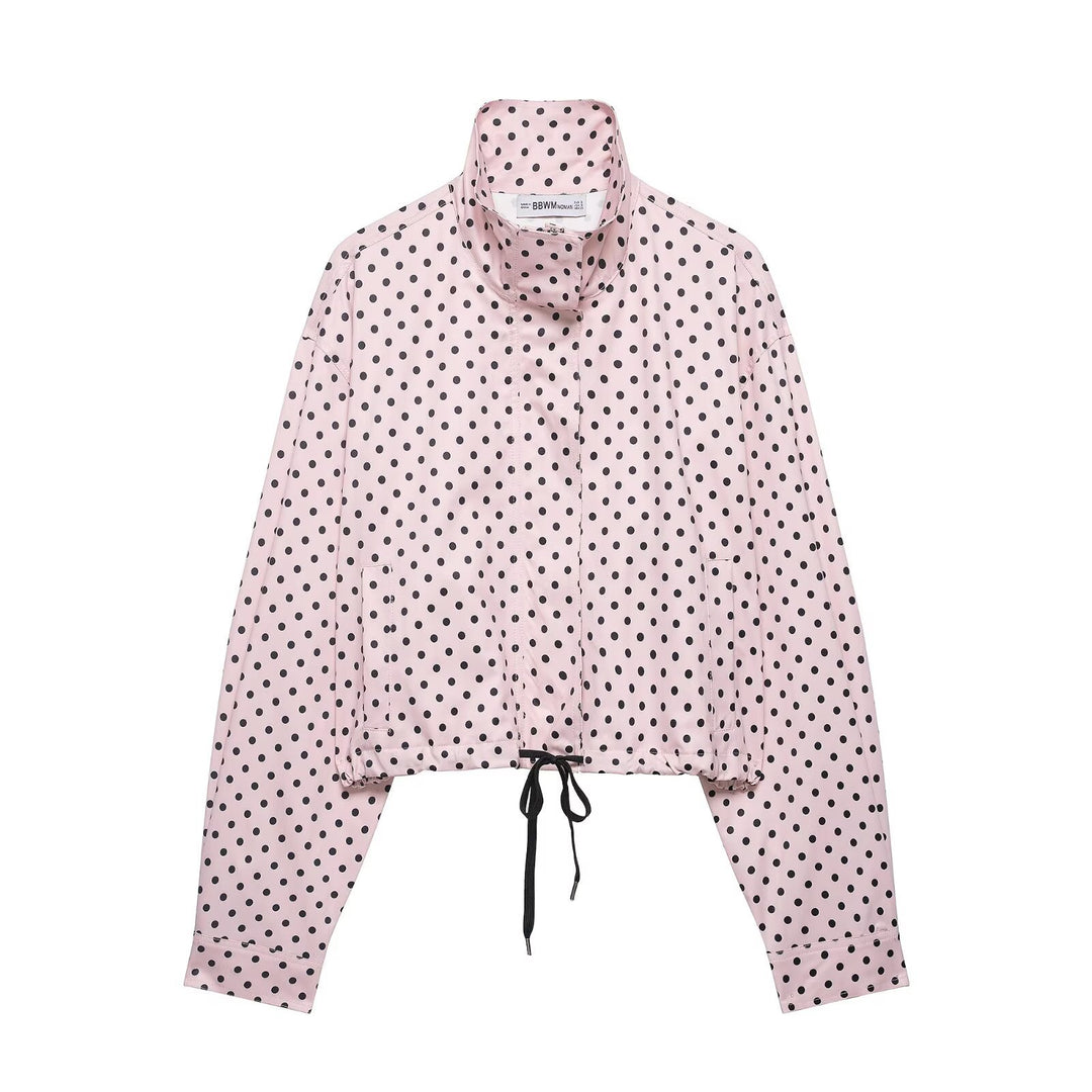 Women's Cropped Transition Jacket with Polka Dot, High Funnel Collar and Drawstring Mune Fashion