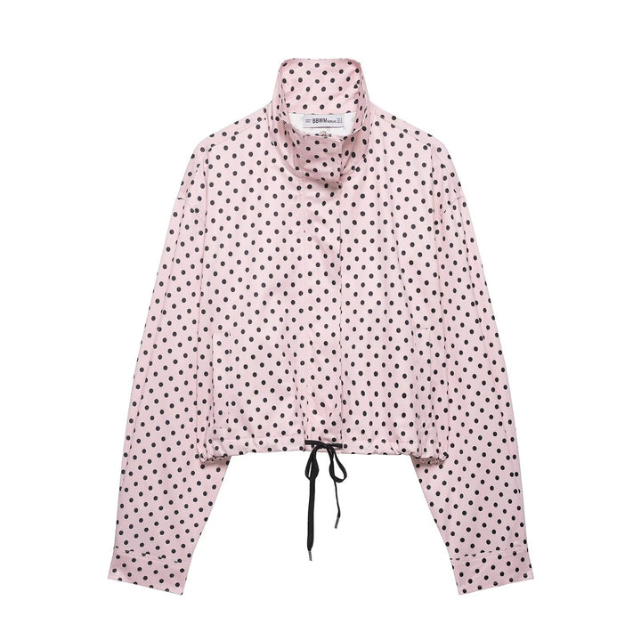 Women's Cropped Transition Jacket with Polka Dot, High Funnel Collar and Drawstring Mune Fashion