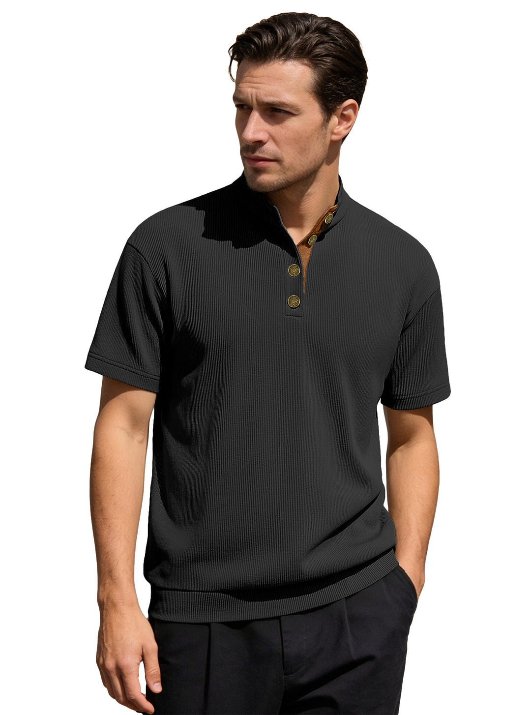Men's Waffle Structure Short Sleeve Henley with Stand-Up Collar and Decorative Button Placket Mune Fashion