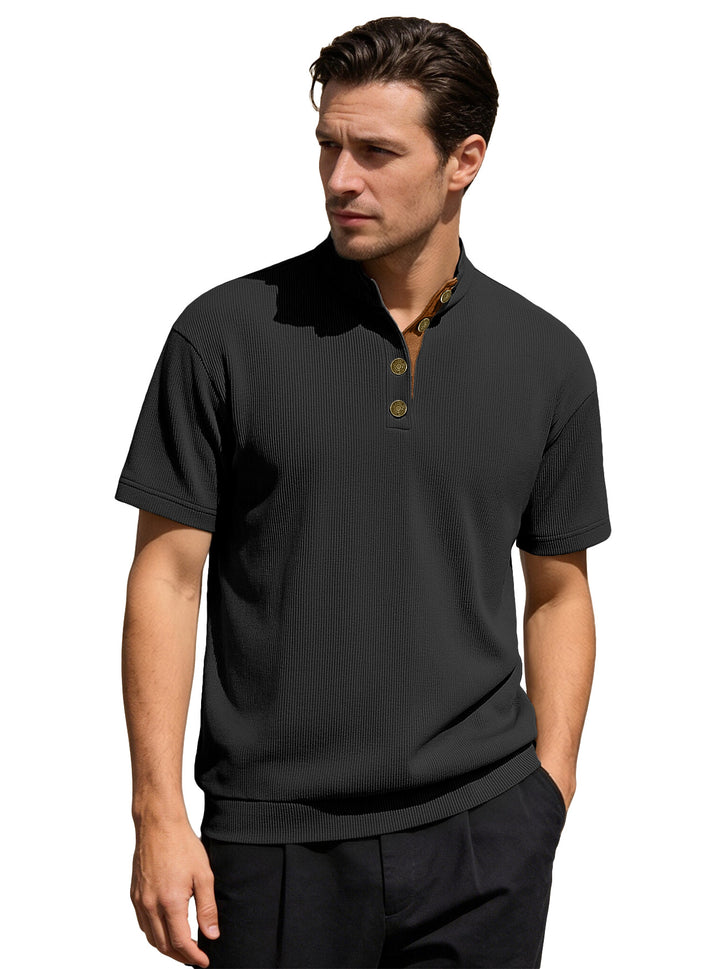 Men's Waffle Structure Short Sleeve Henley with Stand-Up Collar and Decorative Button Placket Mune Fashion