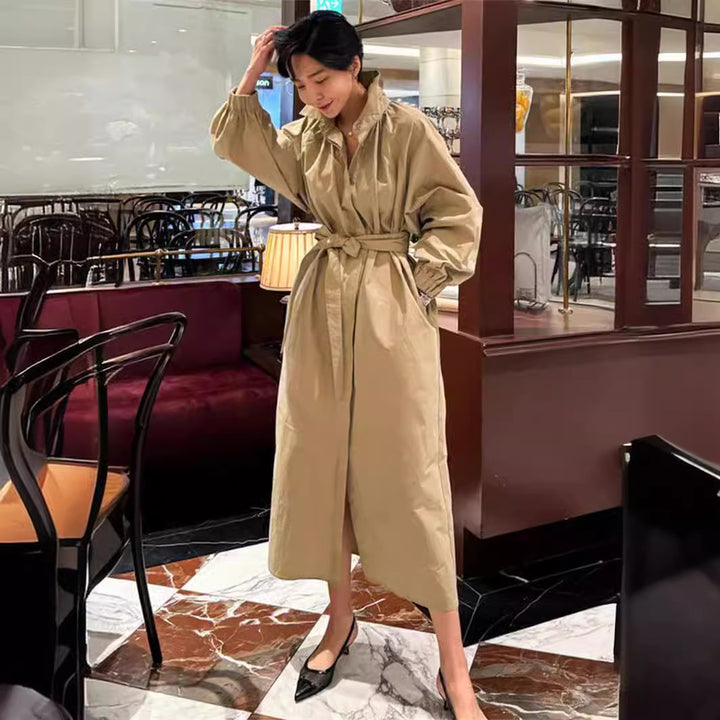 Women's Maxi Long Oversized Coat with High Standing Collar, Gathered Back Yoke and Boxy Silhouette Mune Fashion