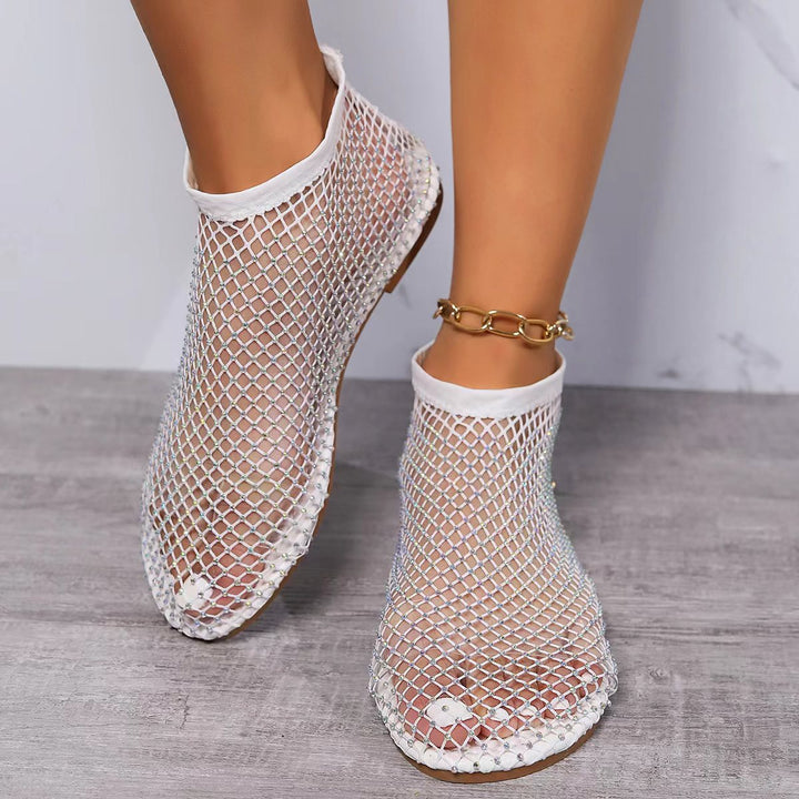 Women’s Mesh Booties with Rhinestone-Embellished Mesh Upper and Elastic Shaft