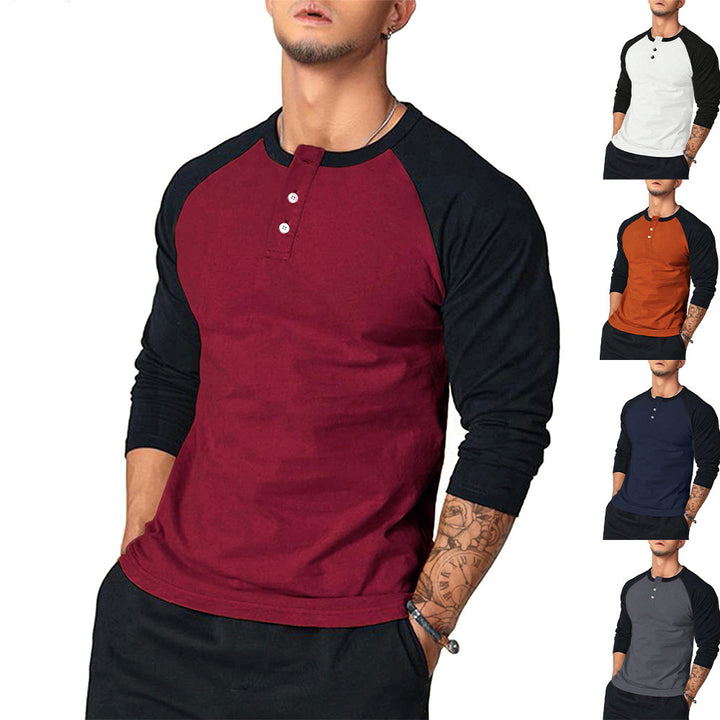 Men's Casual Long Sleeve Henley Shirt with Contrast Sleeves Mune Fashion