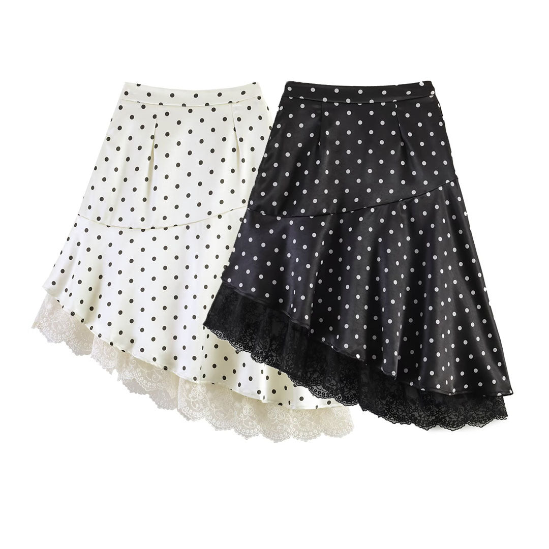 Women's Asymmetric Tiered Skirt with Ruffles, Dots, and Lace Trim Mune Fashion