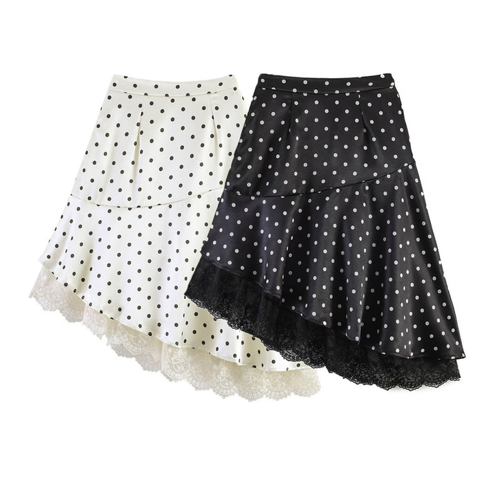 Women's Asymmetric Tiered Skirt with Ruffles, Dots, and Lace Trim Mune Fashion