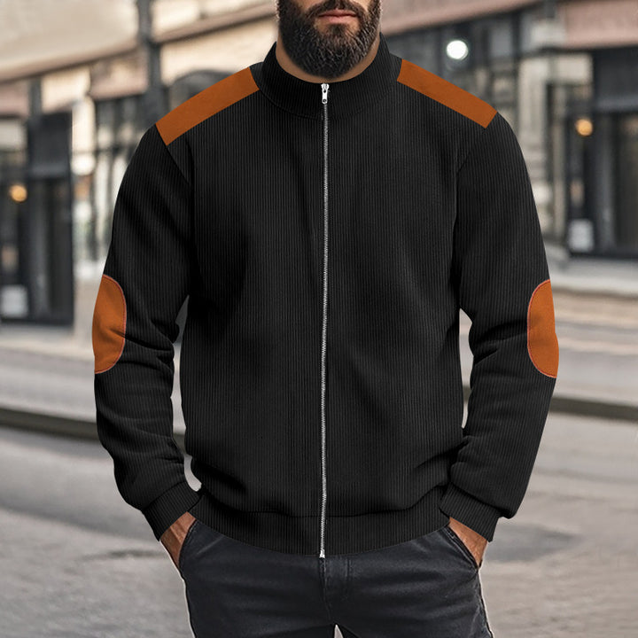 Men's nan cord jacket with zipper stand-up collar and elbow patches Mune Fashion