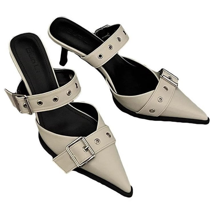 Women's pointed toe mule slippers with double buckle strap, eyelet detail, and low kitten heel Mune Fashion