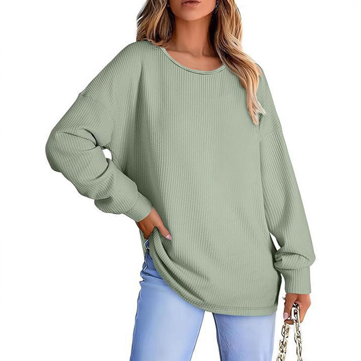 Women's Oversize Waffle Knit Sweater with Round Neck, Balloon Sleeves, and Extended Hem Mune Fashion