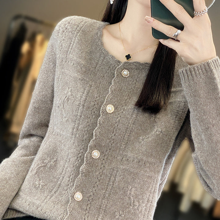 Ladies Embellished Knit Cardigan with Pearl Buttons and Openwork Embroidery Mune Fashion
