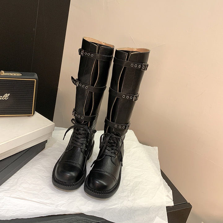 Ladies knee-high lace-up boots with decorative and adjustable buckles Mune Fashion