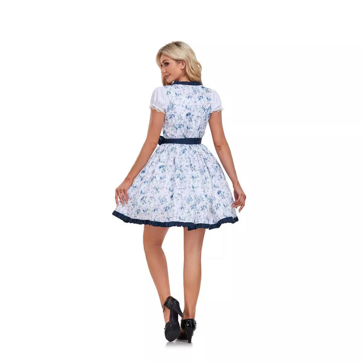 Women's short traditional dirndl with lacing, lace trim, puff sleeves, and apron Mune Fashion