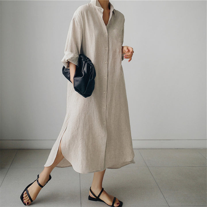 Ladies Long Light Shirt Blouse Midaxi Dress with Kent Collar and High Side Slits Mune Fashion