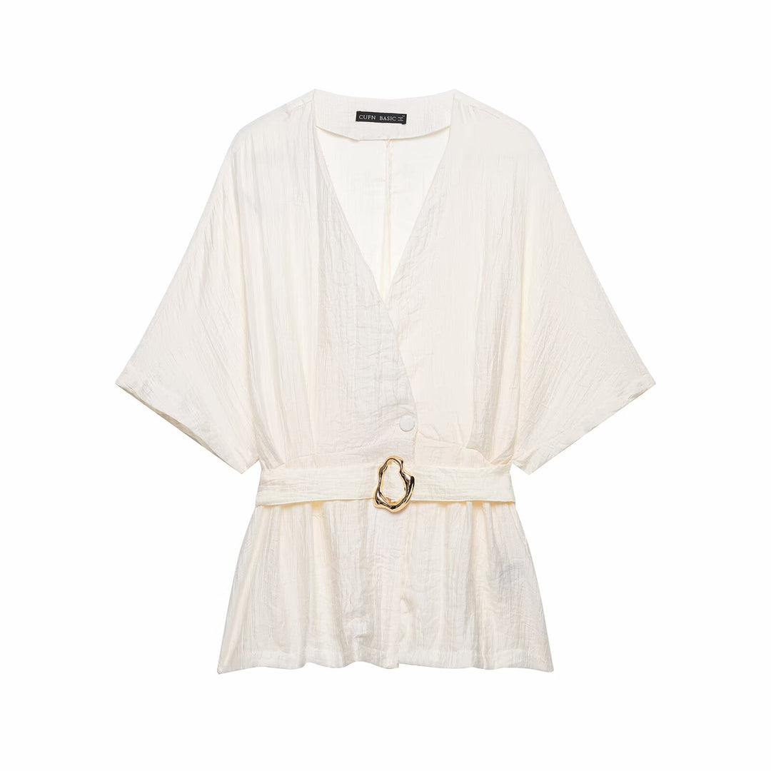 Ladies two-piece kimono top with waist belt and wide pleated pants Mune Fashion
