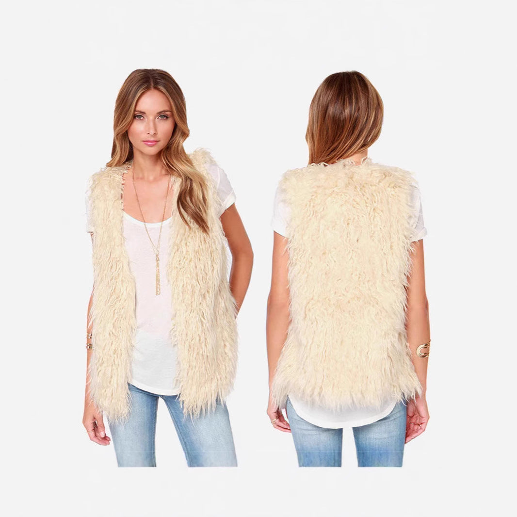 Women Sleeveless Shaggy Faux Fur Vest with Long Pile and Open Hem Mune Fashion