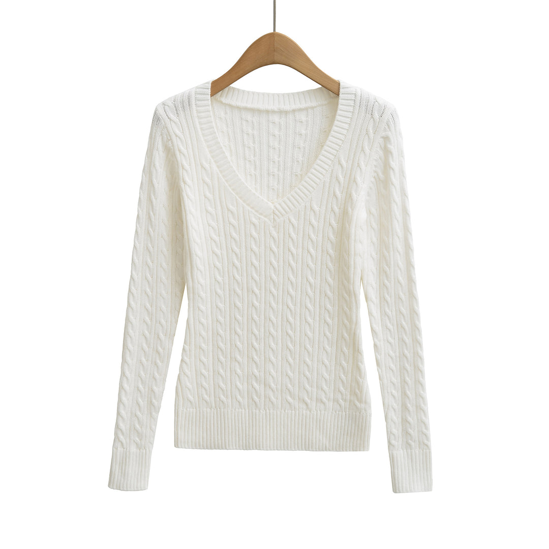 Women's Chunky Knit V-Neck Sweater with Cable Knit Texture Mune Fashion