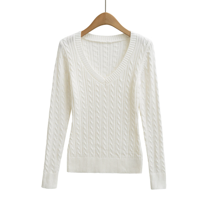 Women's Chunky Knit V-Neck Sweater with Cable Knit Texture Mune Fashion