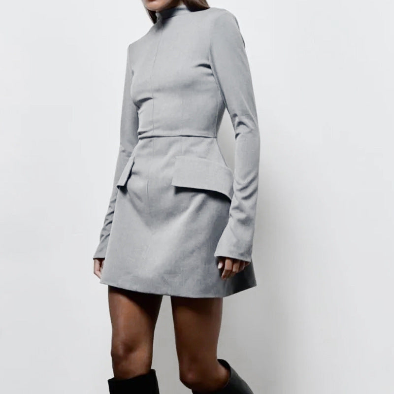 Women's fitted mini dress with stand-up collar, bell sleeves, and peplum detail Mune Fashion